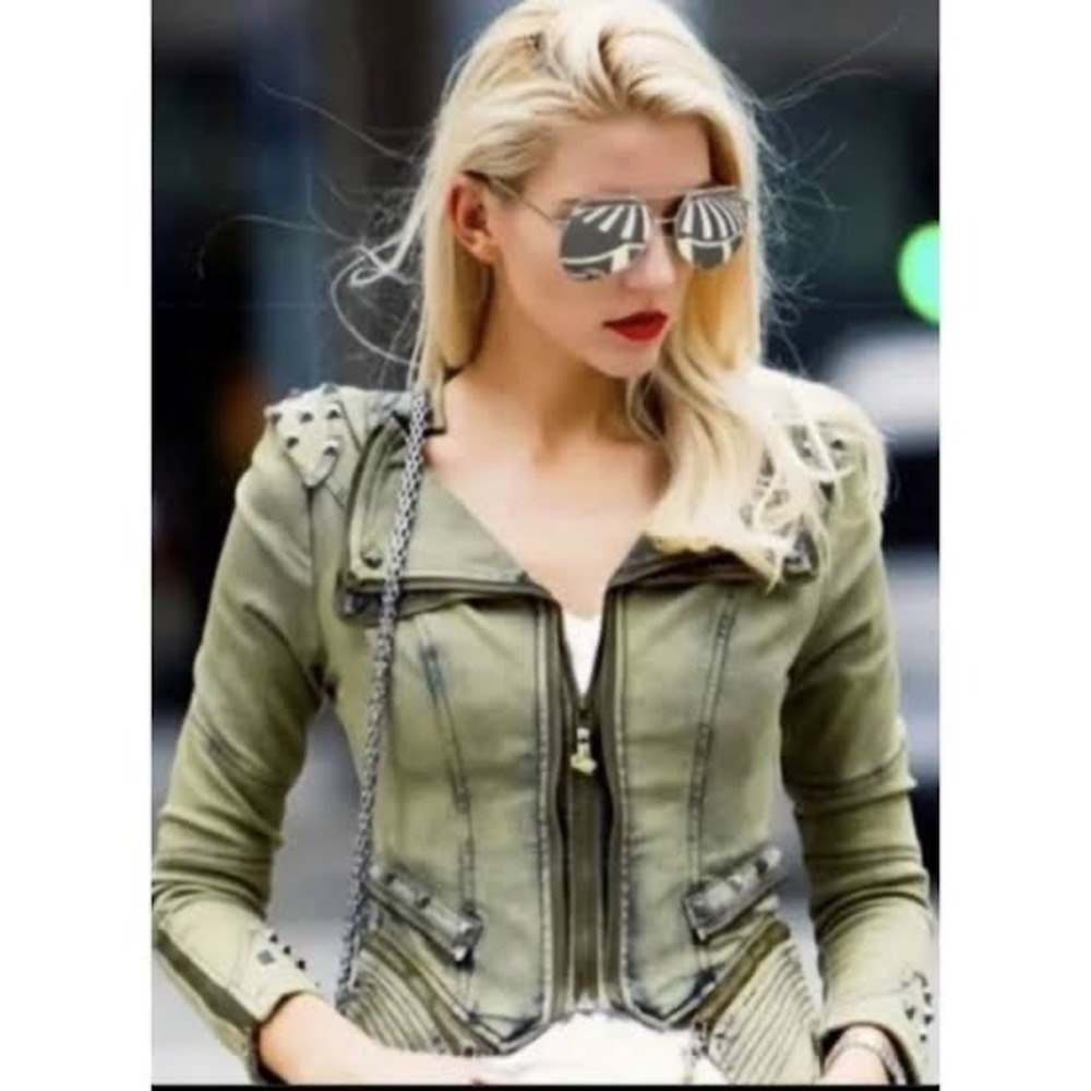 Lookbook Store Olive Green Studded Moto Jacket Multi Zipper Utility Punk S